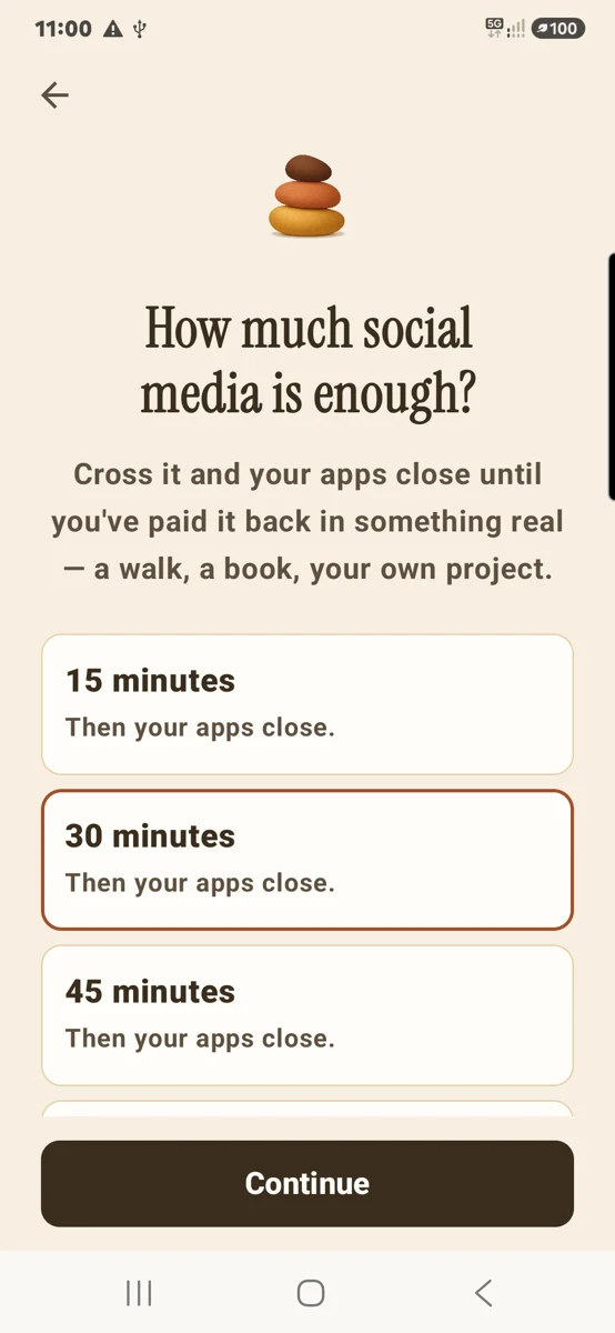Settled's allowance screen with a 30-minute scrolling limit selected